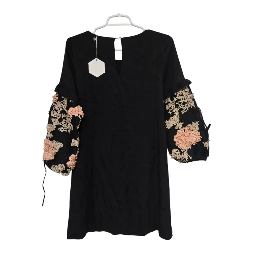 Paper Crane Black Floral Mesh Sleeve Tunic Dress S - Picture 2 of 10